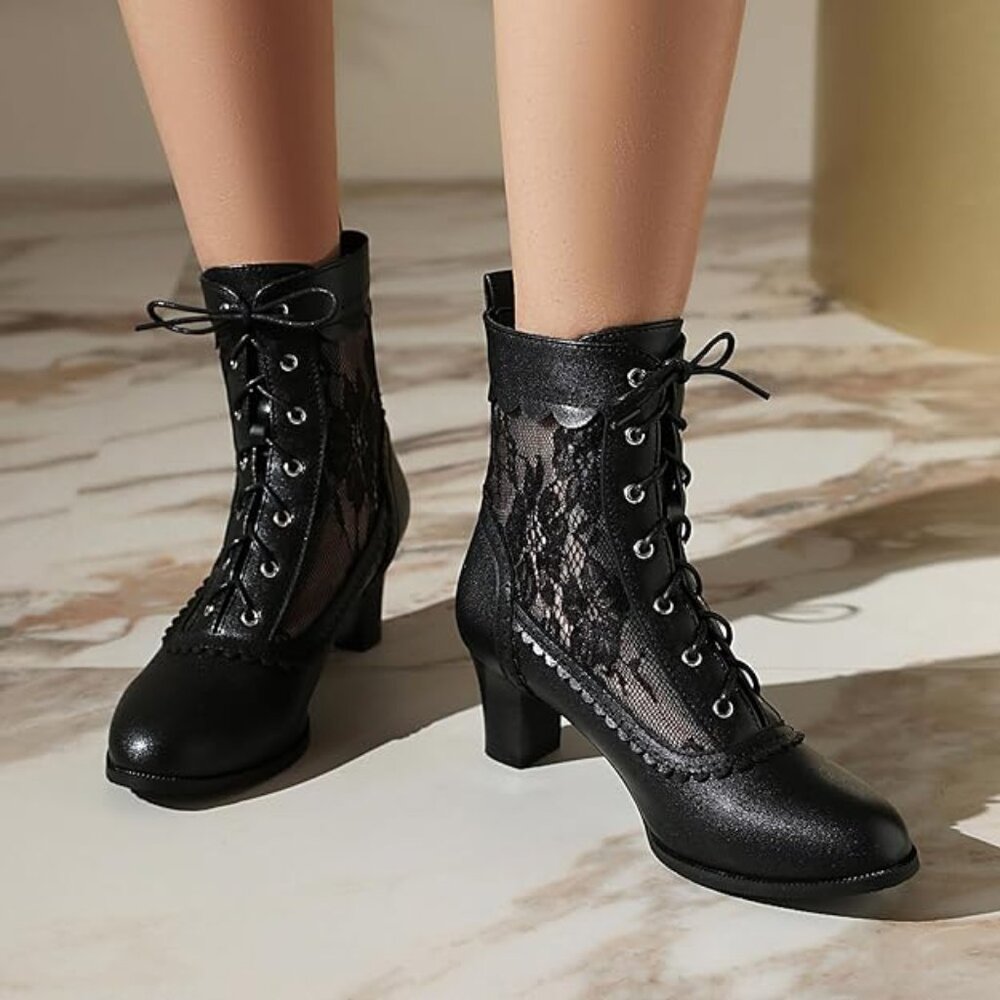 New! Women Victorian Boots Lace up Ankle Boots-Black